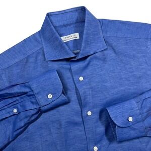 Fray per Stanley Korshak Linen Blend Button Down Shirt Men's Small Blue Preppy